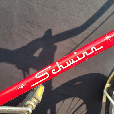 Sale Photo Thumbnail #88: Red Schwinn Speedster men's 3-speed with full fenders, chainguard, black Schwinn saddle and grips, rear reflector and kickstand. Complete, original-style vintage bicycle showing normal paint wear, chrome dulling, surface rust and aged tires. Good candidat