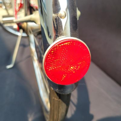 Sale Photo Thumbnail #94: Red Schwinn Speedster men's 3-speed with full fenders, chainguard, black Schwinn saddle and grips, rear reflector and kickstand. Complete, original-style vintage bicycle showing normal paint wear, chrome dulling, surface rust and aged tires. Good candidat