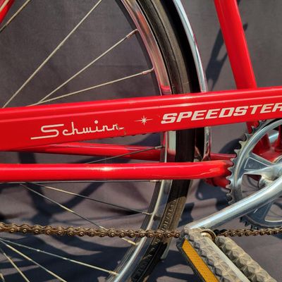 Sale Photo Thumbnail #85: Red Schwinn Speedster men's 3-speed with full fenders, chainguard, black Schwinn saddle and grips, rear reflector and kickstand. Complete, original-style vintage bicycle showing normal paint wear, chrome dulling, surface rust and aged tires. Good candidat