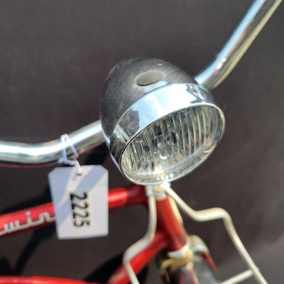 Sale Photo Thumbnail #108: Red Schwinn Corvette loaded with period-style accessories including whitewall tires, full chrome fenders, front and rear carriers, chrome tank insert, red Mesinger-style saddle, bell, headlight, twin front reflectors and cyclometer/control accessories. Ve