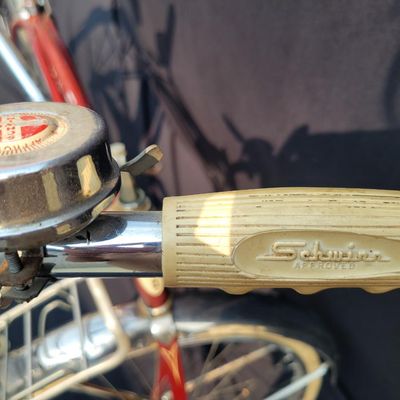 Sale Photo Thumbnail #104: Red Schwinn Corvette loaded with period-style accessories including whitewall tires, full chrome fenders, front and rear carriers, chrome tank insert, red Mesinger-style saddle, bell, headlight, twin front reflectors and cyclometer/control accessories. Ve