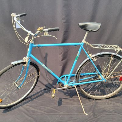 Sale Photo Thumbnail #195: Blue Schwinn Speedster with internal-gear drivetrain, full fenders, rear carrier, black saddle and rear reflector. Complete vintage rider showing paint chips, dull chrome, surface rust and older tires. A straightforward restoration or rider project with c