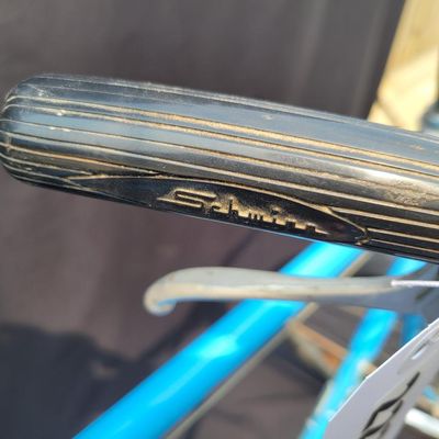 Sale Photo Thumbnail #188: Blue Schwinn Speedster with internal-gear drivetrain, full fenders, rear carrier, black saddle and rear reflector. Complete vintage rider showing paint chips, dull chrome, surface rust and older tires. A straightforward restoration or rider project with c
