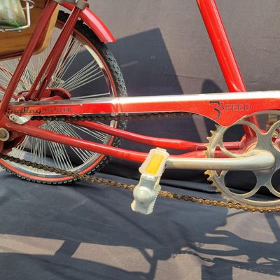 Sale Photo Thumbnail #210: Custom red 3-speed cargo tricycle with long wood-slatted rear cargo bed, tall handlebars, flame-style saddle, headlight, flags and assorted bottle/cargo accessories. Chainguard is marked “Ray Spoiler / 3 Speed.” A fun one-off custom build with strong 
