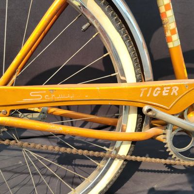 Sale Photo Thumbnail #237: Coppertone Schwinn Tiger with Tiger-marked chainguard, full fenders, brown saddle and bell. Classic mid-1960s Schwinn middleweight styling with good completeness and an attractive survivor look. Shows paint/chrome patina, saddle marks, aged tires and ligh