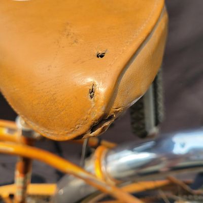 Sale Photo Thumbnail #242: Coppertone Schwinn Tiger with Tiger-marked chainguard, full fenders, brown saddle and bell. Classic mid-1960s Schwinn middleweight styling with good completeness and an attractive survivor look. Shows paint/chrome patina, saddle marks, aged tires and ligh