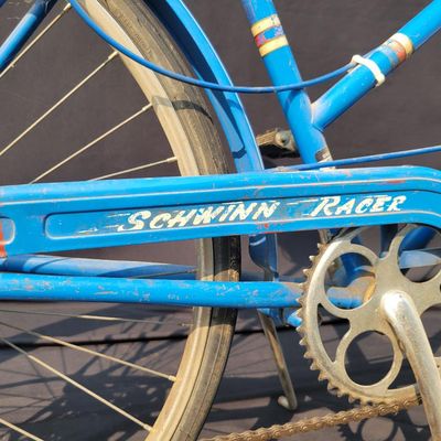 Sale Photo Thumbnail #253: Blue Schwinn Racer women's 3-speed with step-through frame, full fenders, chainguard and green/cream saddle. Complete vintage commuter showing surface rust, paint wear, chrome oxidation and age to the saddle and tires. A good rider-restoration project wit