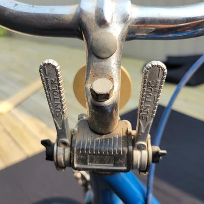 Sale Photo Thumbnail #257: Blue Schwinn Racer women's 3-speed with step-through frame, full fenders, chainguard and green/cream saddle. Complete vintage commuter showing surface rust, paint wear, chrome oxidation and age to the saddle and tires. A good rider-restoration project wit