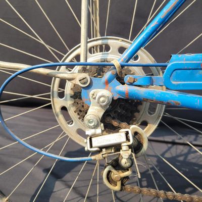 Sale Photo Thumbnail #254: Blue Schwinn Racer women's 3-speed with step-through frame, full fenders, chainguard and green/cream saddle. Complete vintage commuter showing surface rust, paint wear, chrome oxidation and age to the saddle and tires. A good rider-restoration project wit