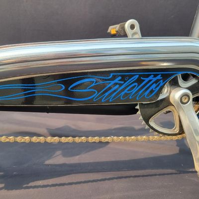 Sale Photo Thumbnail #261: Giant Stiletto production chopper/cruiser in black with blue flame graphics. Features the stretched steel frame, oversized dual-crown fork, 20-inch front and 24-inch rear 3-inch tires, 7-speed drivetrain with Shimano Altus rear derailleur, rear disc brake