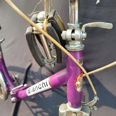 Sale Photo Thumbnail #298: Purple/magenta Bianchi folding bicycle with 20-inch wheels, center folding hinge, Bianchi graphics, chrome fenders, rear rack, tan-sidewall tires, high handlebars and twin front light/reflector accessories. Distinctive and substantially complete with grea