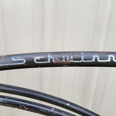 Sale Photo Thumbnail #327: Black Schwinn Speedster men's middleweight with classic cantilever frame, painted fenders, Speedster chainguard, chrome rims, kickstand, Schwinn-style grips and black/white saddle. Honest restoration-project condition with substantial paint loss, surface 