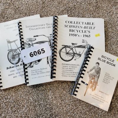 Sale Photo Thumbnail #358: Lot of four vintage bicycle collector/reference books focused on classic American and Schwinn bicycles. Titles include guides to American balloon-tire bicycles, Schwinn-built bicycles, Schwinn Sting-Ray models and a collectible bicycle blue book/reference