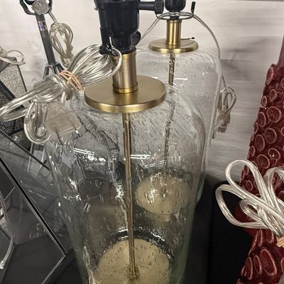 Sale Photo Thumbnail #107: Pair of Clear Seeded Glass Table Lamps with Brass Hardware