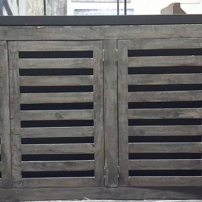 Sale Photo Thumbnail #319: Distressed Gray Louvered Media Console 3'7"x6'2"