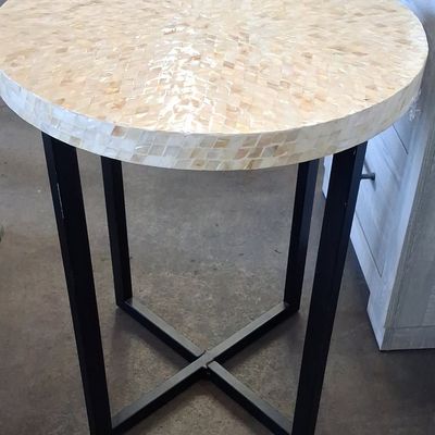 Sale Photo Thumbnail #399: Mother of Pearl Mosaic Accent Table with X-Frame Base 25" high