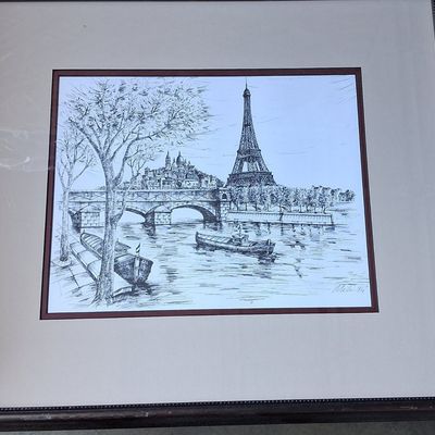 Sale Photo Thumbnail #453: Parisian Seine Scene Ink Drawing