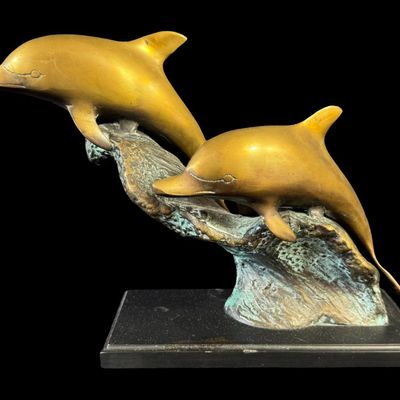 Patinated Brass Dolphins Sculpture