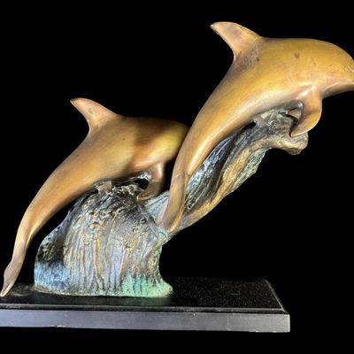 Patinated Brass Dolphins Sculpture