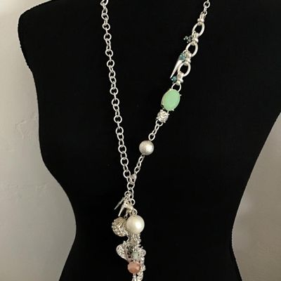 Super cute Silver chrome, toned, sea green rhinestone, tassel, charm statement, necklace, by plunder