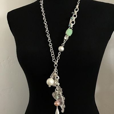 Super cute Silver chrome, toned, sea green rhinestone, tassel, charm statement, necklace, by plunder
