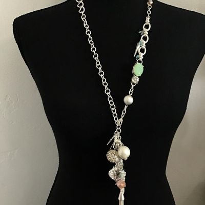 Super cute Silver chrome, toned, sea green rhinestone, tassel, charm statement, necklace, by plunder