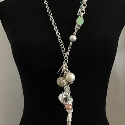 Super cute Silver chrome, toned, sea green rhinestone, tassel, charm statement, necklace, by plunder
