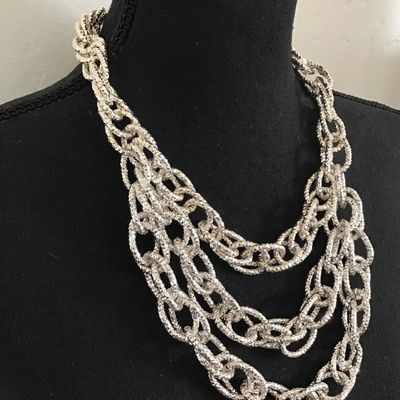 Really pretty chrome silver chunky chain link multi strand statement, necklace