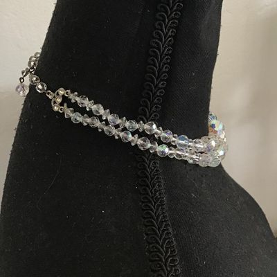 Vintage double strand, aurora, borealis, crystal bead, choker, necklace, silver toned