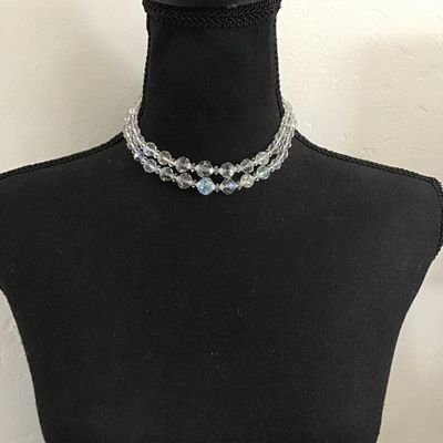 Vintage double strand, aurora, borealis, crystal bead, choker, necklace, silver toned