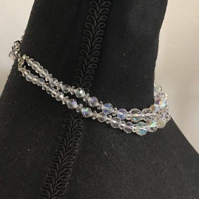 Vintage double strand, aurora, borealis, crystal bead, choker, necklace, silver toned
