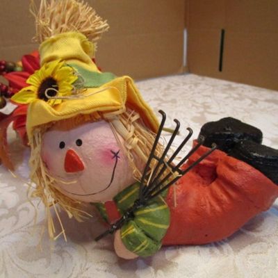 Sale Photo Thumbnail #6: 3 scarecrow figurines, 1 fabric pumpkin, 1 flower & bead pick, 1 handkerchief doll, see pictures
