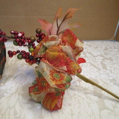 Sale Photo Thumbnail #9: 3 scarecrow figurines, 1 fabric pumpkin, 1 flower & bead pick, 1 handkerchief doll, see pictures