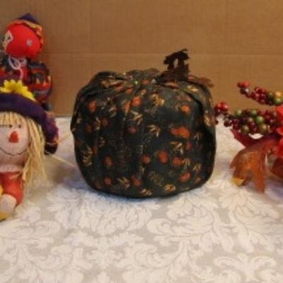 Sale Photo Thumbnail #3: 3 scarecrow figurines, 1 fabric pumpkin, 1 flower & bead pick, 1 handkerchief doll, see pictures