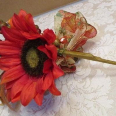 Sale Photo Thumbnail #8: 3 scarecrow figurines, 1 fabric pumpkin, 1 flower & bead pick, 1 handkerchief doll, see pictures