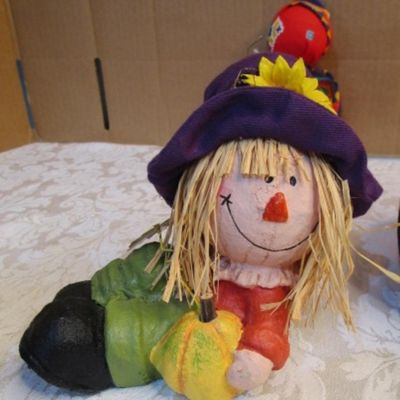Sale Photo Thumbnail #5: 3 scarecrow figurines, 1 fabric pumpkin, 1 flower & bead pick, 1 handkerchief doll, see pictures