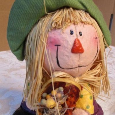 Sale Photo Thumbnail #4: 3 scarecrow figurines, 1 fabric pumpkin, 1 flower & bead pick, 1 handkerchief doll, see pictures