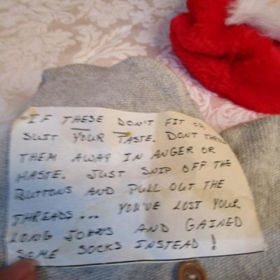 Sale Photo Thumbnail #21: Santa head, Santa face bag, sock made into long johns, 2 small Santa boots, Santa felt underwear, snowman bag, See pictures