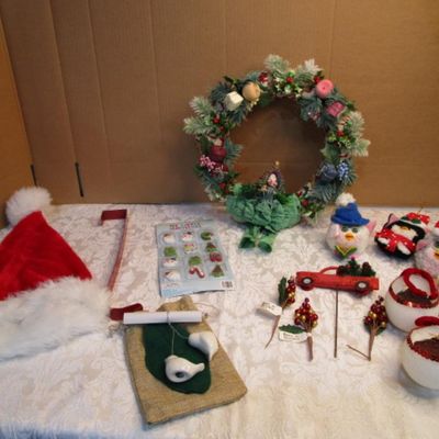 Sale Photo Thumbnail #31: 3 Furies ornaments, 1 wreath, 1 envelope/wrapping paper cutter, truck pick, 3 bead clips wreath hanger, 2  egg nativity ornaments, set of 12 miniature ornaments, Santa hat size Medium, 2 doves with a poem in a burlap bag, 1 snowflake,  see pictures