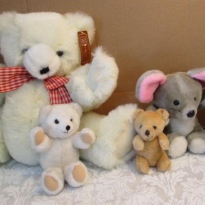 Sale Photo Thumbnail #561: One is a Coca-Cola Bear, tiny bear is a jointed Russ bear, small white bear is a Russ Bear, new with tags 18" white bear is a jointed Fiesta bear, see pictures