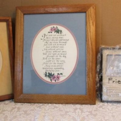 Sale Photo Thumbnail #652: Framed Floral pictures is 14" x14", Framed Poem pictures is 17" x 13-3/4",  Friends frame is 9" x 7", Framed Wolf picture is 8" x 6", See pictures