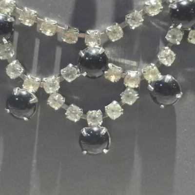 Sale Photo Thumbnail #64: Vintage silver tone Rhinestone swag necklace & Earrings coord.
< Necklace is 100% in tack and original.....hook closure
> black rhinestone earring compliment set