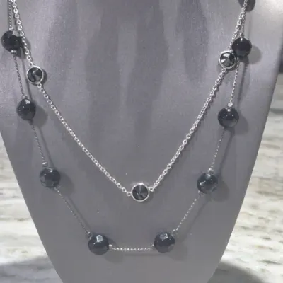 Sale Photo Thumbnail #66: 2 Sets Black bead on silver tone chains ~ Earrings to coordinate
> Necklaces are 16" lengths with lobster closure
> Earrings are pierced