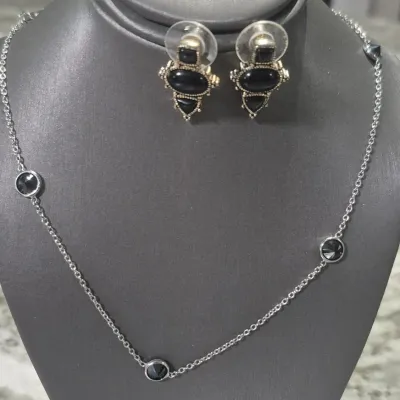 Sale Photo Thumbnail #68: 2 Sets Black bead on silver tone chains ~ Earrings to coordinate
> Necklaces are 16" lengths with lobster closure
> Earrings are pierced