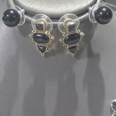 Sale Photo Thumbnail #70: 2 Sets Black bead on silver tone chains ~ Earrings to coordinate
> Necklaces are 16" lengths with lobster closure
> Earrings are pierced