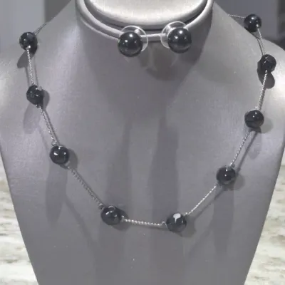 Sale Photo Thumbnail #67: 2 Sets Black bead on silver tone chains ~ Earrings to coordinate
> Necklaces are 16" lengths with lobster closure
> Earrings are pierced