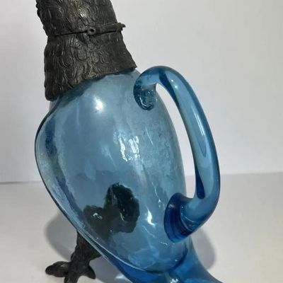 Sale Photo Thumbnail #148: Antique Very Scarce Blue Glass Owl Decanter with Stopper 8" Tall in VG Preowned Condition. $20 DOMESTIC SHIPPING.