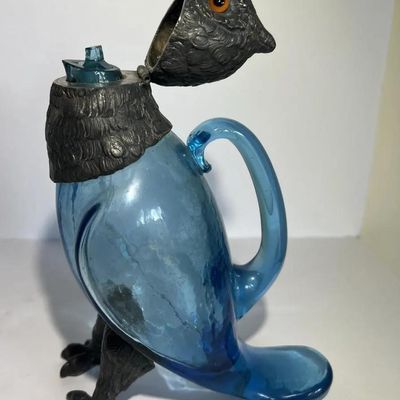 Sale Photo Thumbnail #152: Antique Very Scarce Blue Glass Owl Decanter with Stopper 8" Tall in VG Preowned Condition. $20 DOMESTIC SHIPPING.