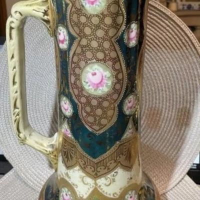 Sale Photo Thumbnail #168: Antique Victorian Era Decorated Tankard/Pitcher Unmarked Base 13.5" Tall in Good Preowned Condition. $15 DOMESTIC INHOUSE SHIPPING.