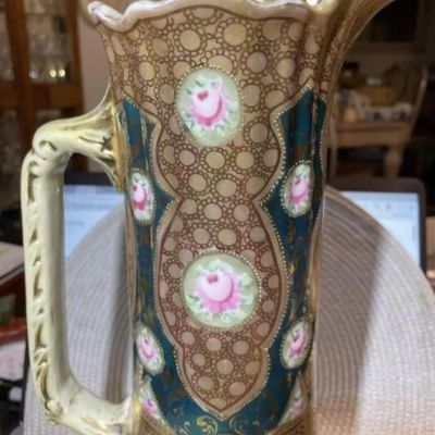 Sale Photo Thumbnail #172: Antique Victorian Era Decorated Tankard/Pitcher Unmarked Base 13.5" Tall in Good Preowned Condition. $15 DOMESTIC INHOUSE SHIPPING.